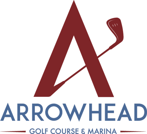 Arrowhead Golf Course & Marina logo, featuring a large red letter A with a golf club through it.