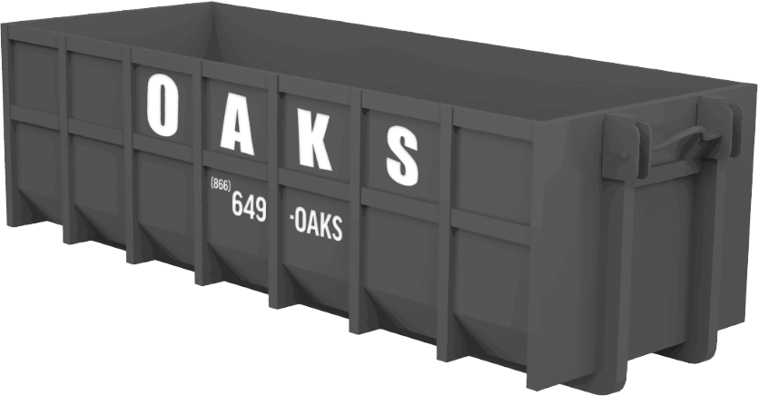 Gray dumpster with Oaks logo and phone number