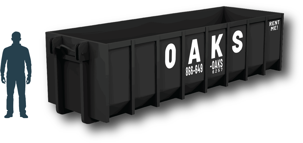 A large black dumpster with 'OAKS' written on the side. The dumpster is shown next to a silhouette of a person.