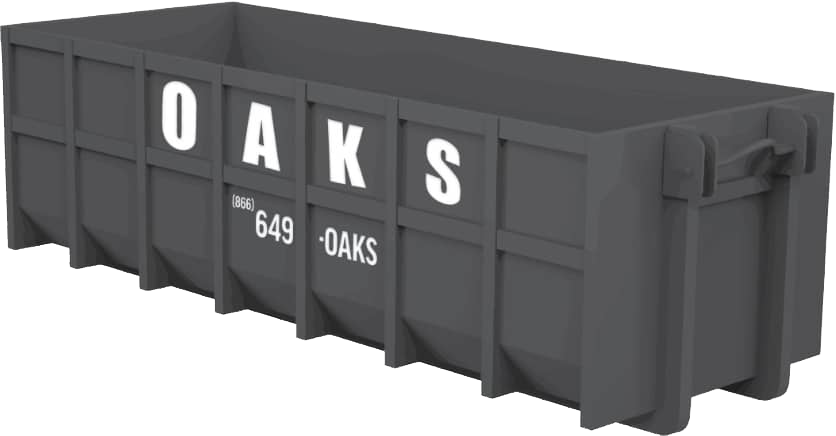 Gray dumpster with OAKS written on side. Large capacity waste container.
