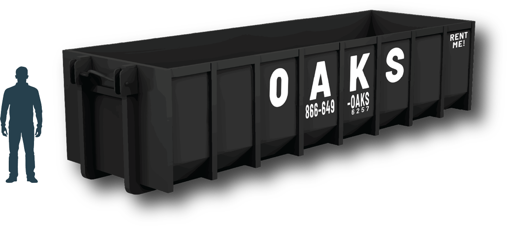 A large black dumpster next to a person