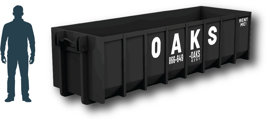 A large black skip bin with the Oaks Skip Bins logo. The bin is shown next to a human silhouette for size comparison.