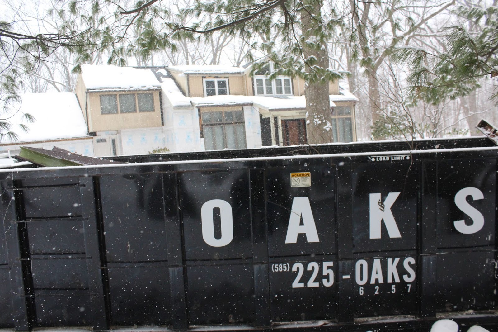 A black dumpster with white text on side. Snow falling around.