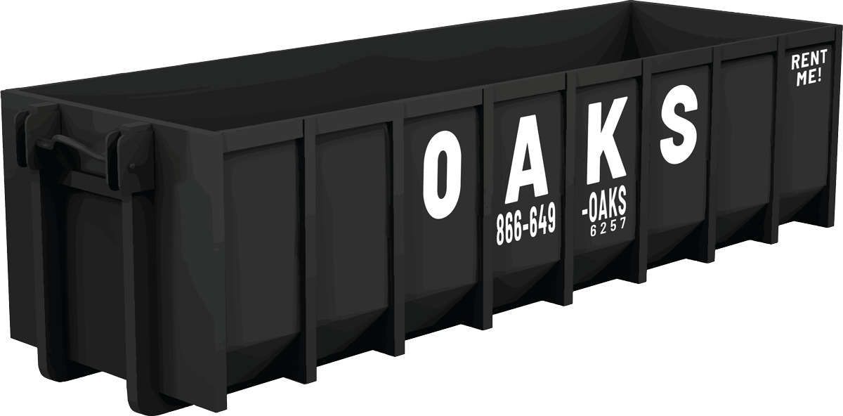 A black dumpster with white text reading Oaks.