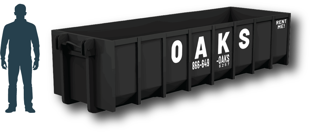 A large black skip bin with a person standing beside it. The bin has the word OAKS written on the side.