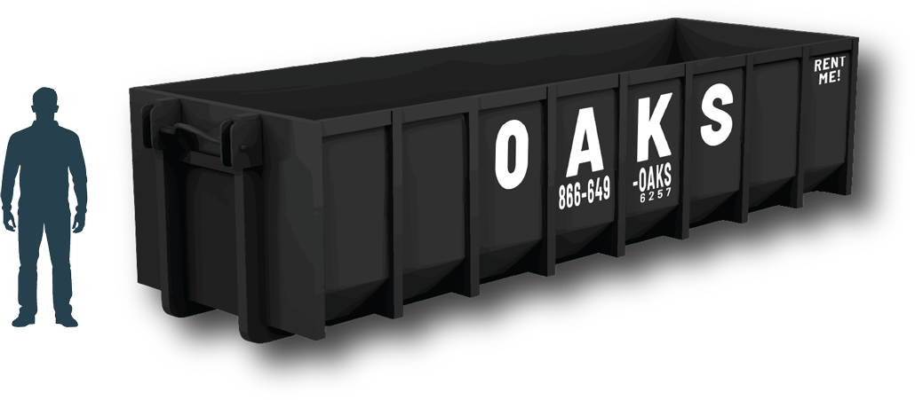 A large black dumpster with a person standing next to it. The dumpster has the word Oaks and a phone number on the side.