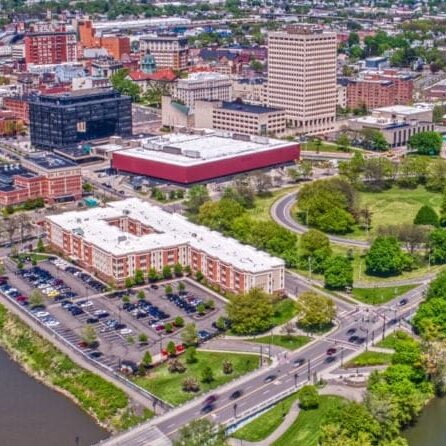 Aerial view of a city with a river running through it