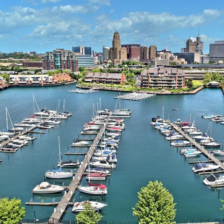 A marina with many boats docked and a city skyline in the background. The marina is surrounded by trees and buildings.